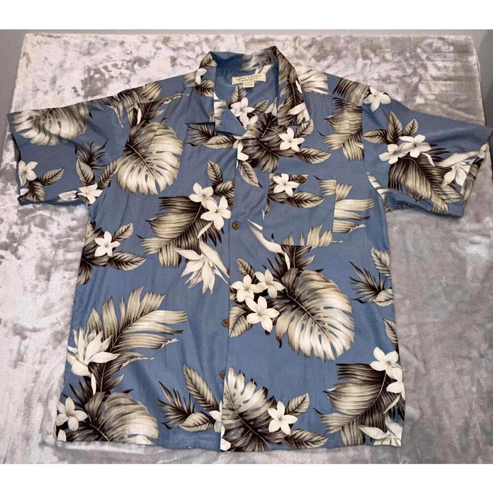 Island Republic Mens L Silk Hawaiian Camp Shirt Blue Floral Monstera Hibiscus
